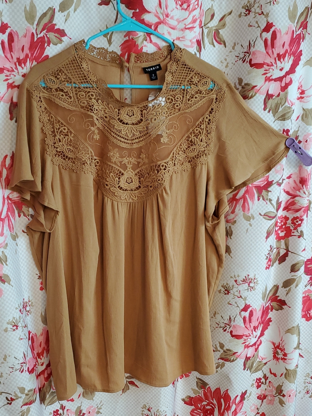 torrid Brown Crochet Yoke Flutter Sleeve Blouse